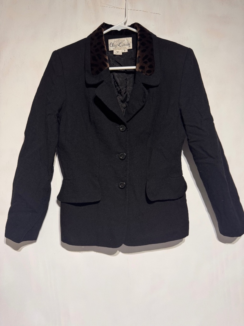 Oleg Cassini Wool Blazer with Cheetah Collar Cinched Waist and Pockets